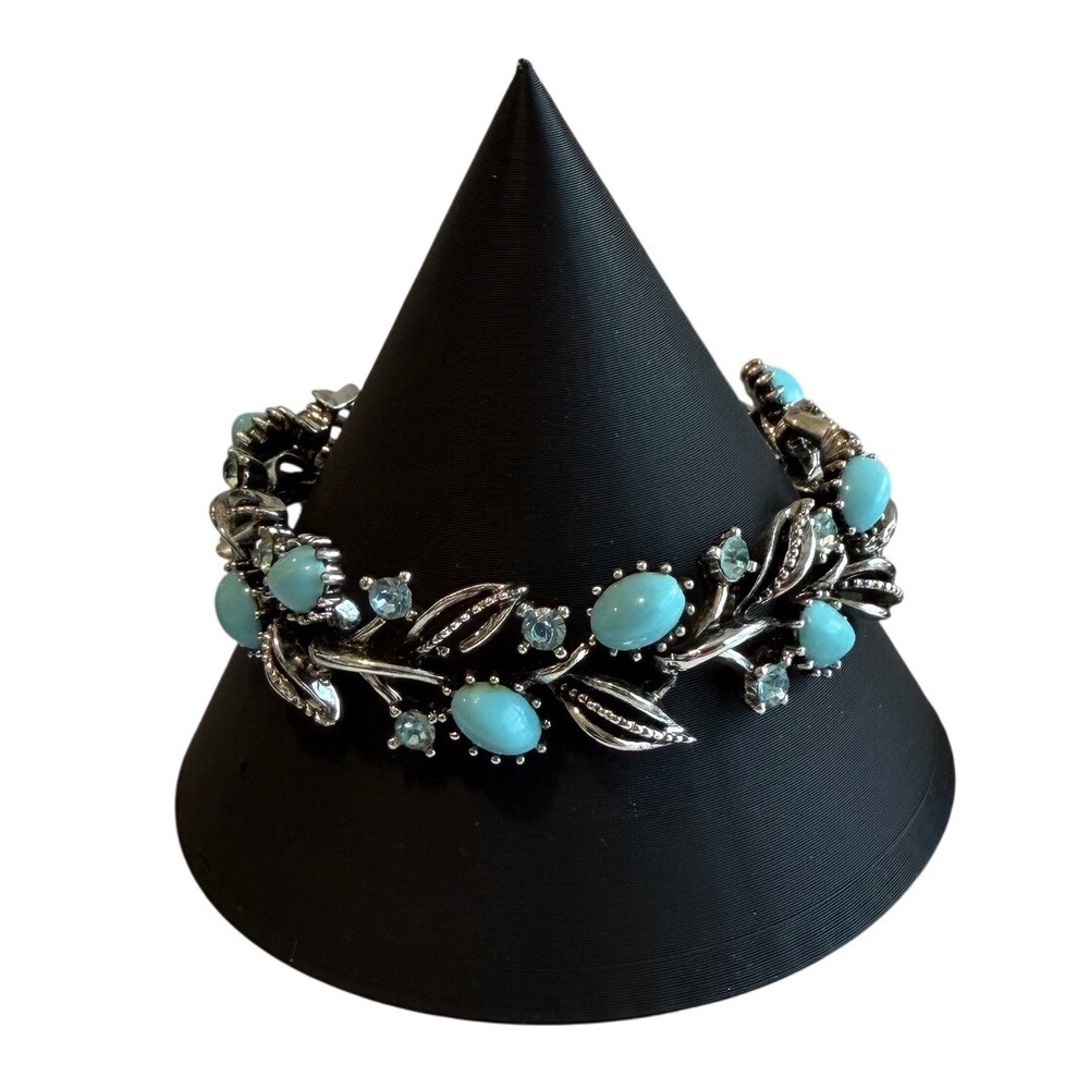Vintage Lisner Bracelet Blue Moonglow Lucite Rhinestone Silver Tone Botanical